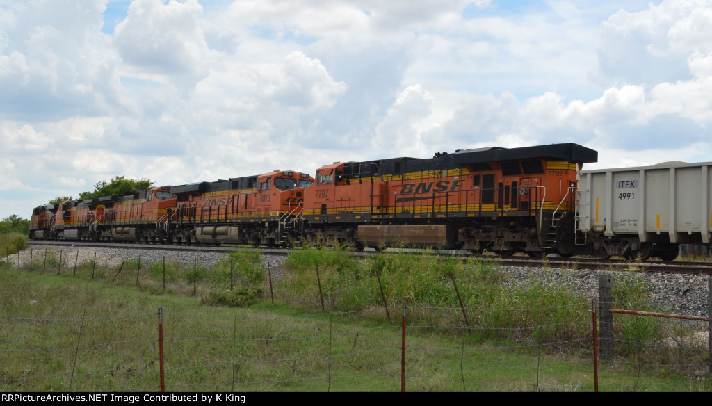 5 BNSF Engines Bring Up The Rear of A Northbound Rock Train on UP Rails at Taylor, Texas